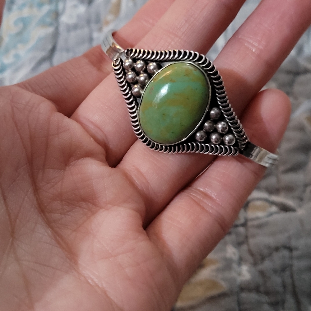 Sterling signed RB? green stone cuff bracelet